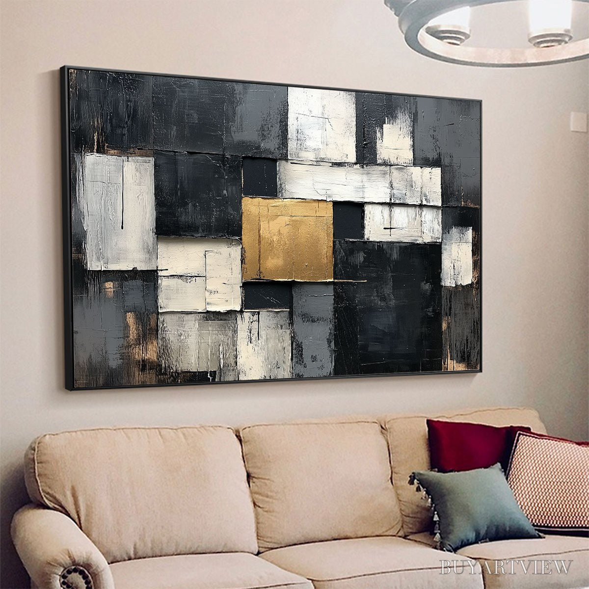 BUYARTVIEW Golden Intersection – Textured Abstract Geometric Oil Painting - image 4