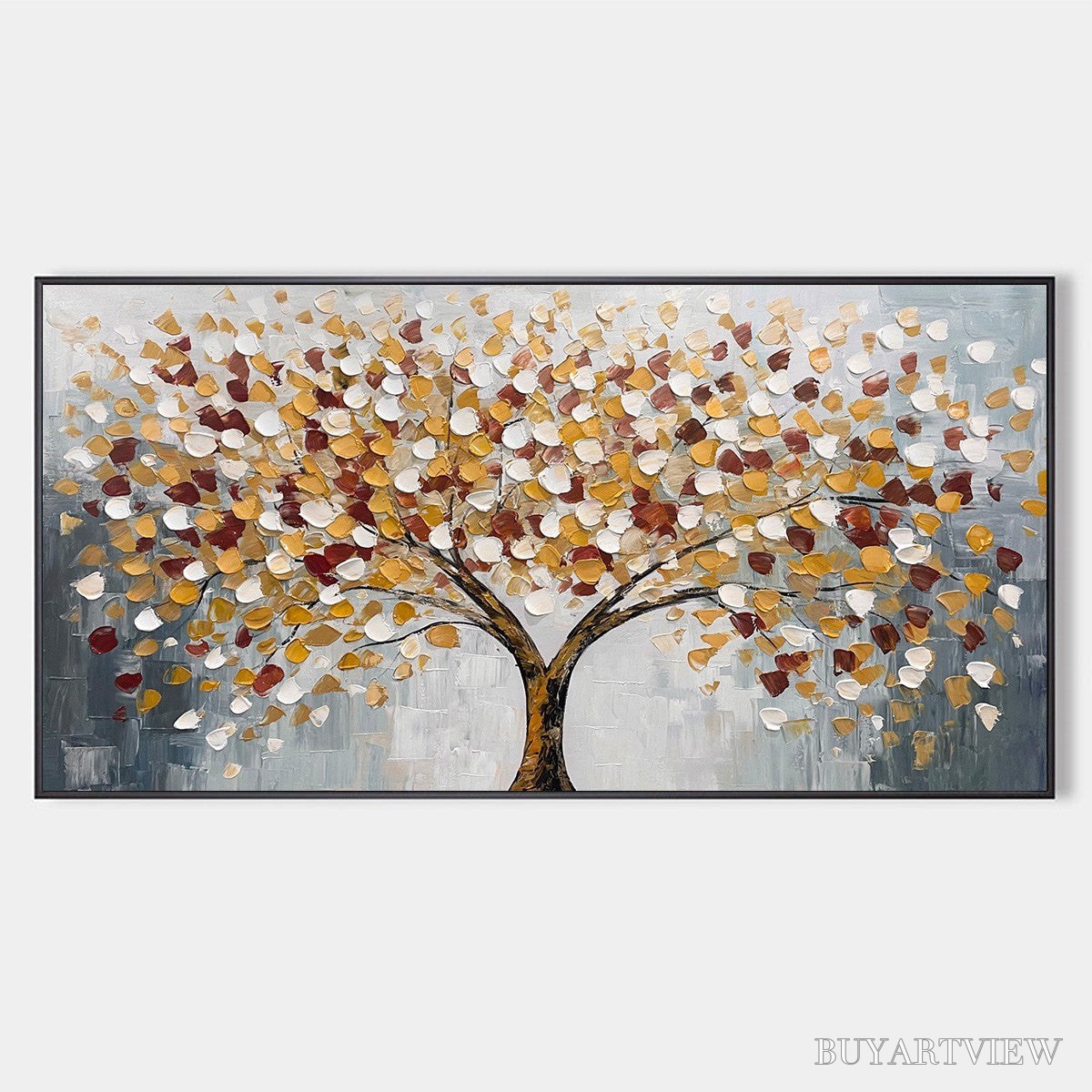 BUYARTVIEW Whispers of Autumn – Textured Tree of Life Oil Painting in Gold and Burgundy - image 1