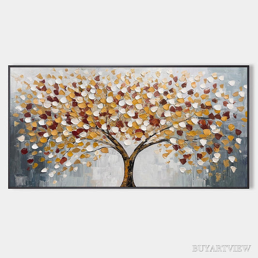 BUYARTVIEW Whispers of Autumn – Textured Tree of Life Oil Painting in Gold and Burgundy - image 1