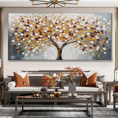 BUYARTVIEW Whispers of Autumn – Textured Tree of Life Oil Painting in Gold and Burgundy - image 2