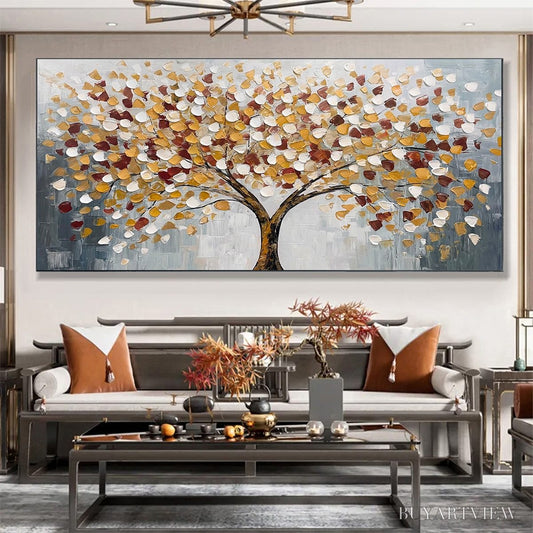 BUYARTVIEW Whispers of Autumn – Textured Tree of Life Oil Painting in Gold and Burgundy - image 2