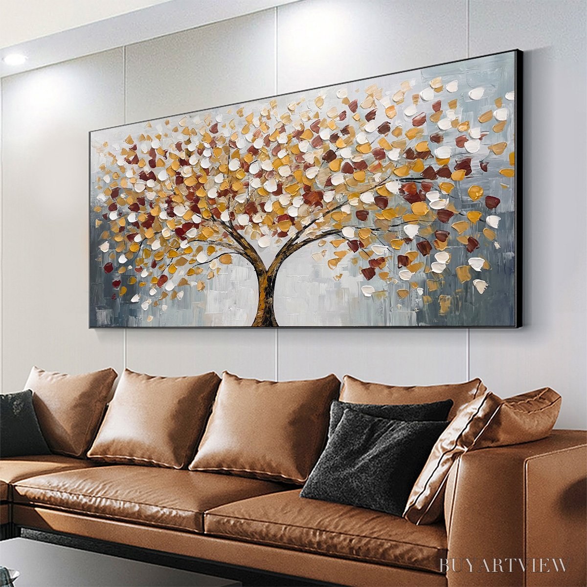 BUYARTVIEW Whispers of Autumn – Textured Tree of Life Oil Painting in Gold and Burgundy - image 4