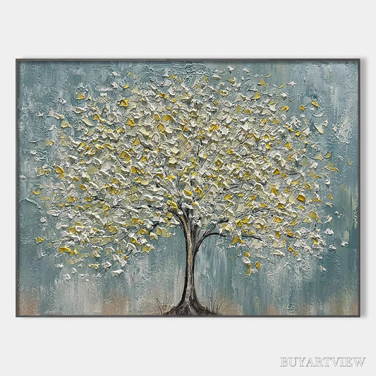 BUYARTVIEW Golden Bloom – Textured Impasto Tree Painting in White and Gold - image 1