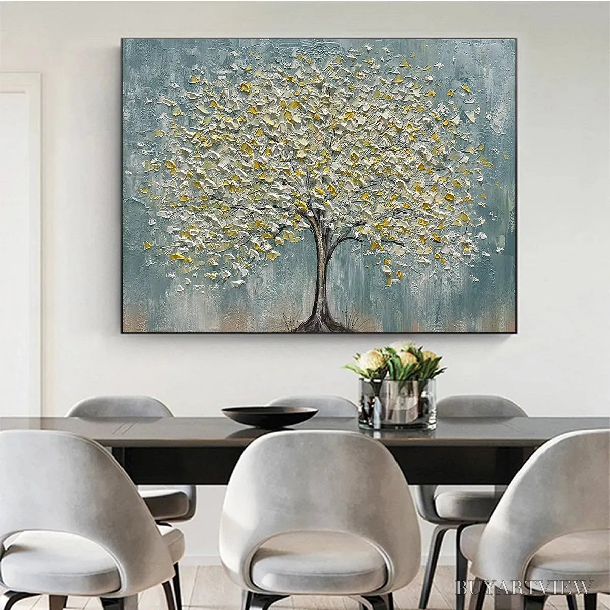 BUYARTVIEW Golden Bloom – Textured Impasto Tree Painting in White and Gold - image 6