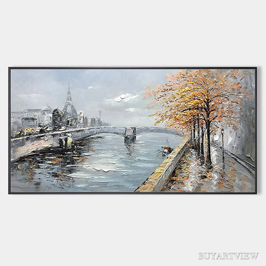BUYARTVIEW Autumnal River Walk – Panoramic Cityscape Oil Painting with River and Trees - image 1
