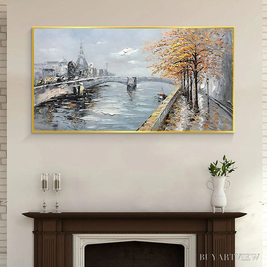 BUYARTVIEW Autumnal River Walk – Panoramic Cityscape Oil Painting with River and Trees - image 2