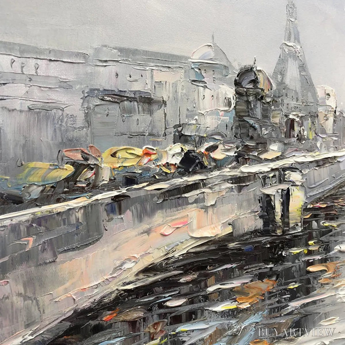 BUYARTVIEW Autumnal River Walk – Panoramic Cityscape Oil Painting with River and Trees - image 3