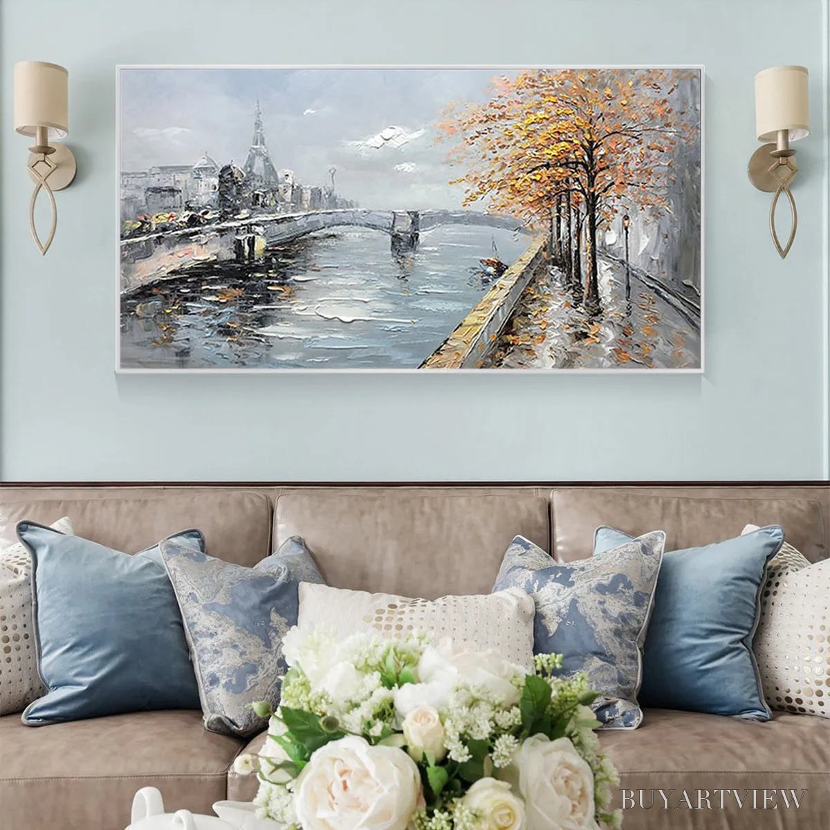 BUYARTVIEW Autumnal River Walk – Panoramic Cityscape Oil Painting with River and Trees - image 4