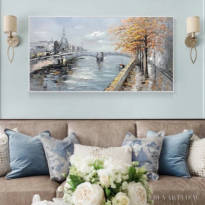 BUYARTVIEW Autumnal River Walk – Panoramic Cityscape Oil Painting with River and Trees - image 4