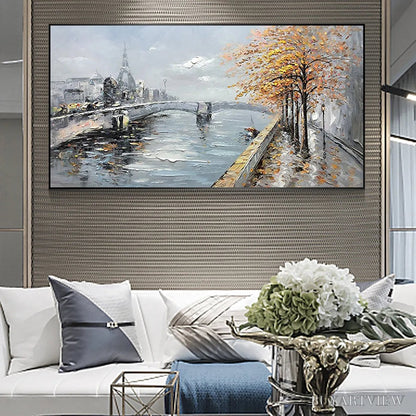 BUYARTVIEW Autumnal River Walk – Panoramic Cityscape Oil Painting with River and Trees - image 5