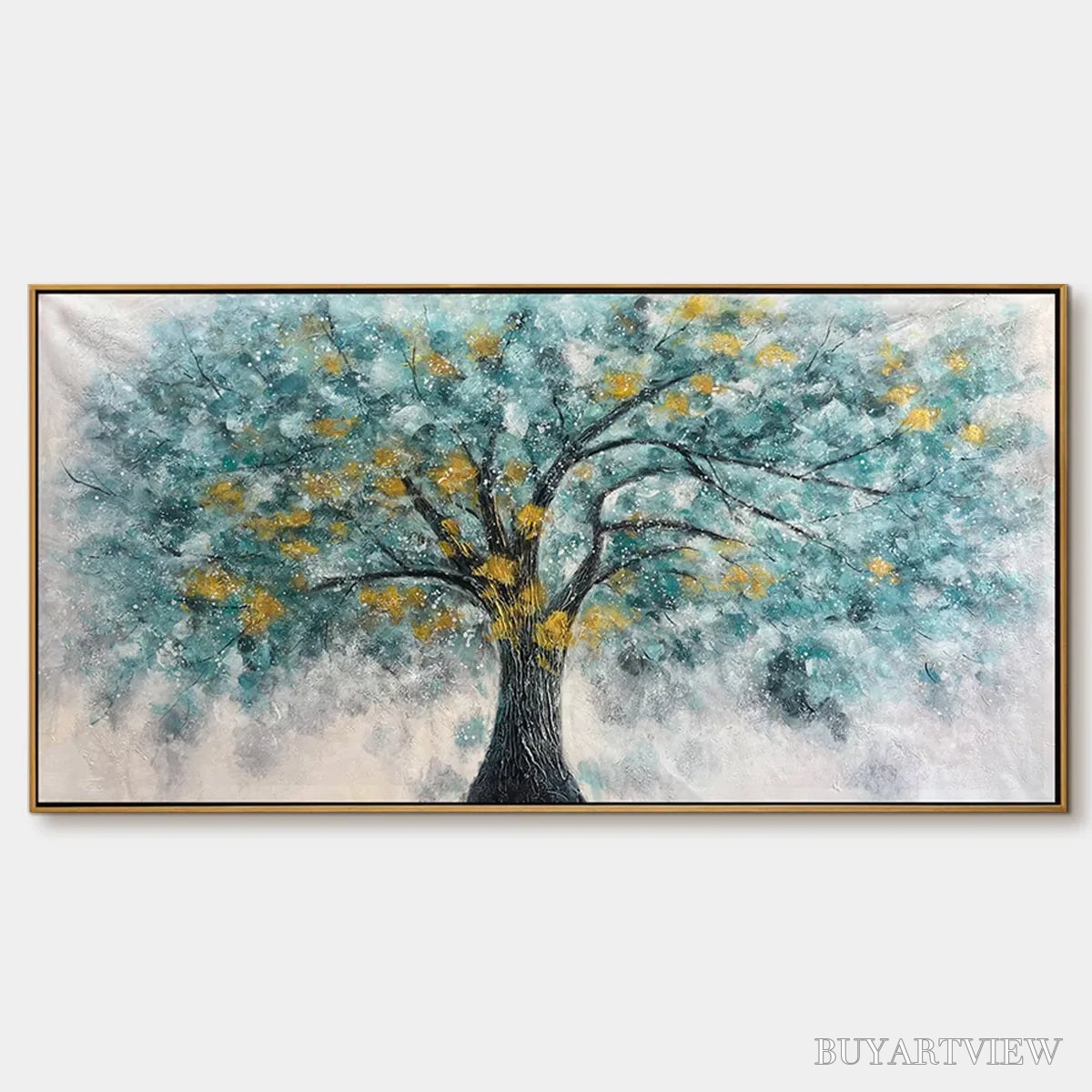 BUYARTVIEW Golden Autumn – Panoramic Tree Painting, Textured , Blue, Gold, Living Room, Bedroom, Office - image 1