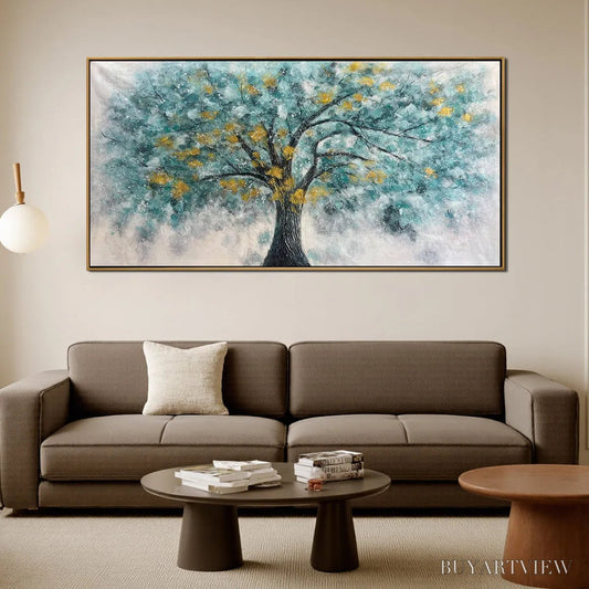 BUYARTVIEW Golden Autumn – Panoramic Tree Painting, Textured , Blue, Gold, Living Room, Bedroom, Office - image 2