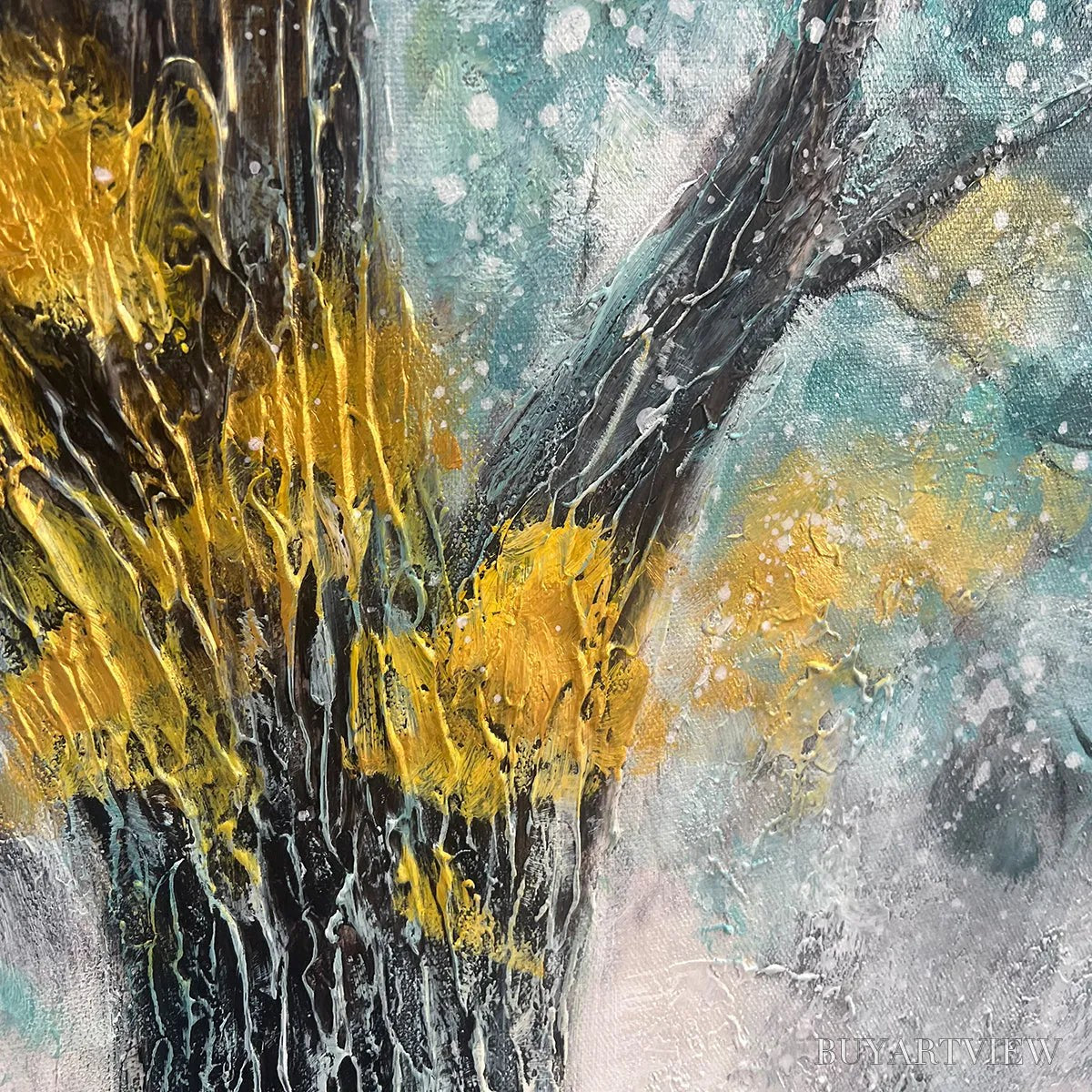 BUYARTVIEW Golden Autumn – Panoramic Tree Painting, Textured , Blue, Gold, Living Room, Bedroom, Office - image 3