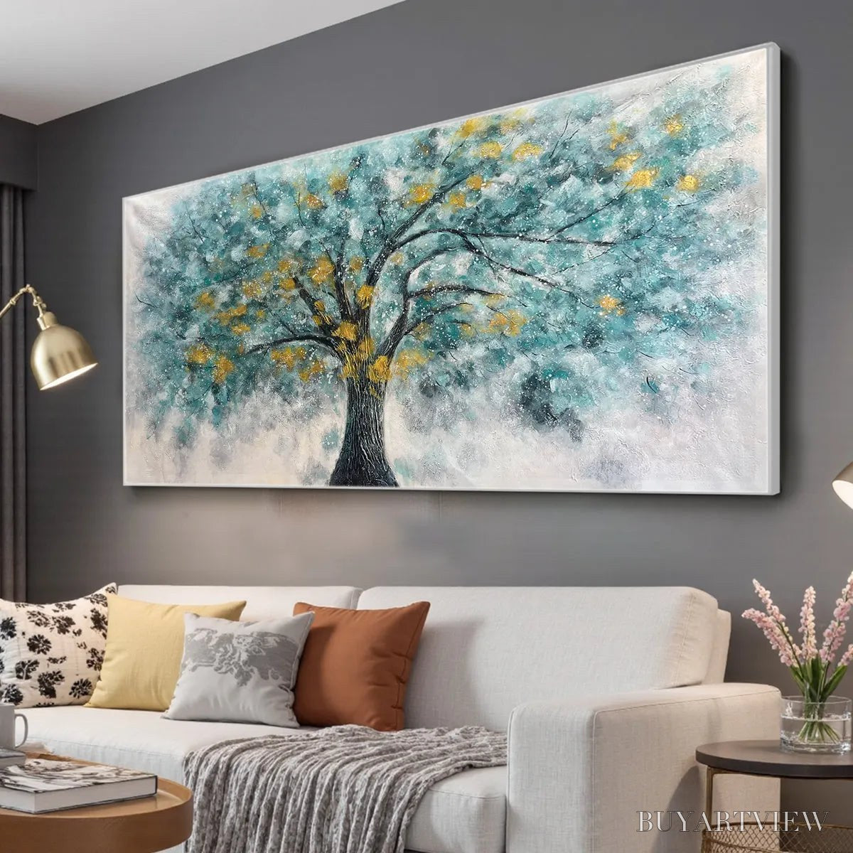 BUYARTVIEW Golden Autumn – Panoramic Tree Painting, Textured , Blue, Gold, Living Room, Bedroom, Office - image 4