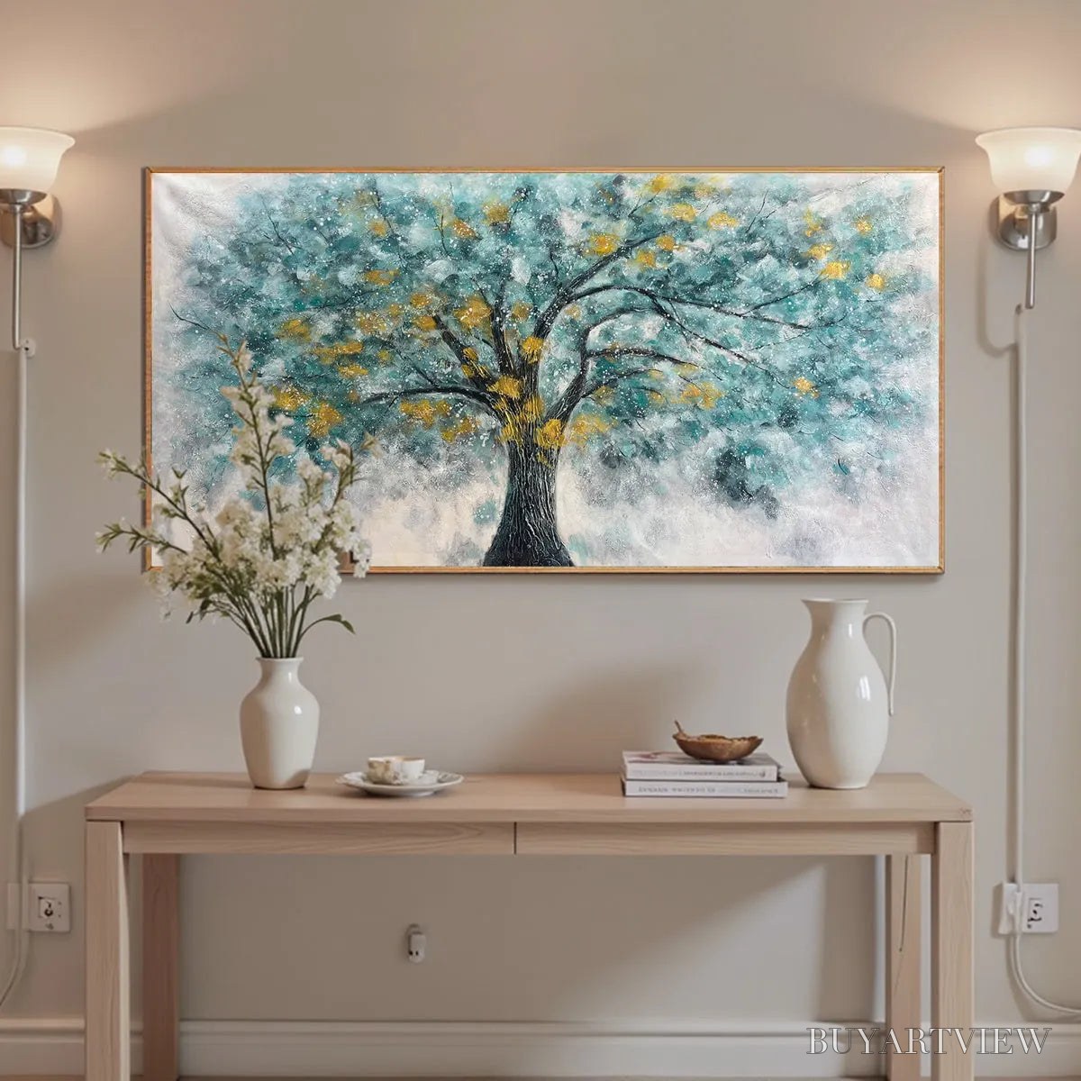 BUYARTVIEW Golden Autumn – Panoramic Tree Painting, Textured , Blue, Gold, Living Room, Bedroom, Office - image 5