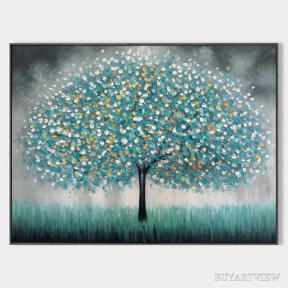 BUYARTVIEW Teal Dream – Textured Tree Painting in Teal and Grey, Horizontal Canvas, Modern - image 1