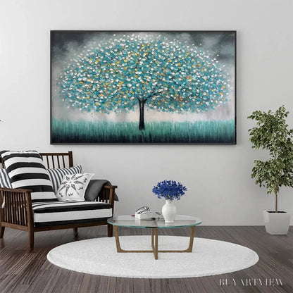 BUYARTVIEW Teal Dream – Textured Tree Painting in Teal and Grey, Horizontal Canvas, Modern - image 2