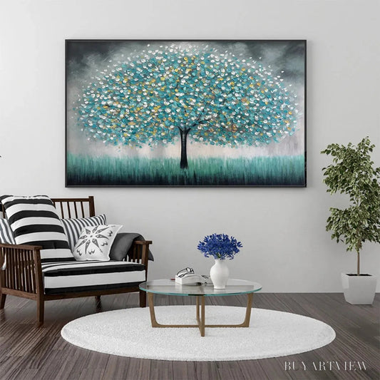 BUYARTVIEW Teal Dream – Textured Tree Painting in Teal and Grey, Horizontal Canvas, Modern - image 2