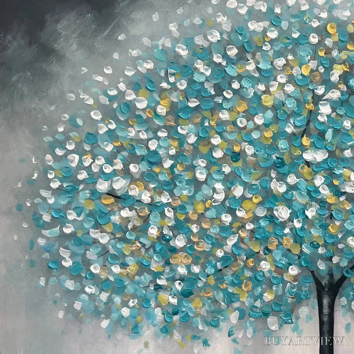 BUYARTVIEW Teal Dream – Textured Tree Painting in Teal and Grey, Horizontal Canvas, Modern - image 3