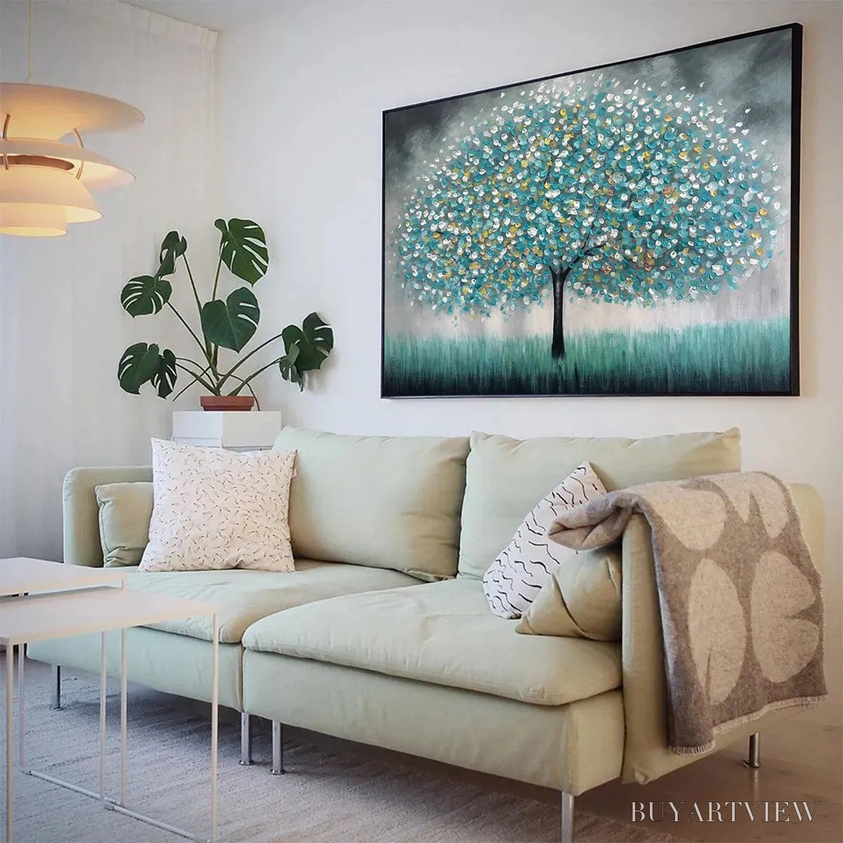BUYARTVIEW Teal Dream – Textured Tree Painting in Teal and Grey, Horizontal Canvas, Modern - image 4