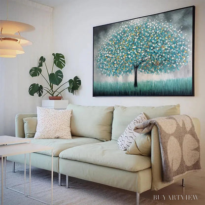BUYARTVIEW Teal Dream – Textured Tree Painting in Teal and Grey, Horizontal Canvas, Modern - image 4