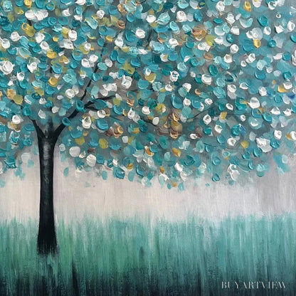 BUYARTVIEW Teal Dream – Textured Tree Painting in Teal and Grey, Horizontal Canvas, Modern - image 5