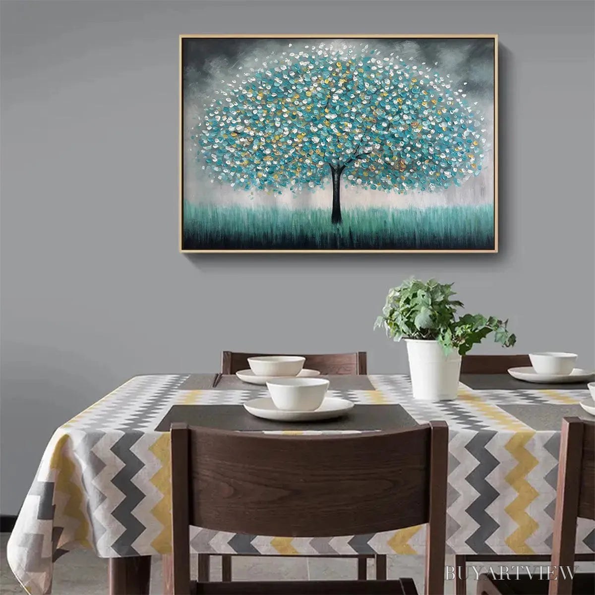 BUYARTVIEW Teal Dream – Textured Tree Painting in Teal and Grey, Horizontal Canvas, Modern - image 6