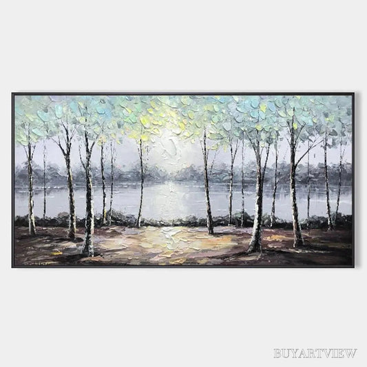BUYARTVIEW Serene Waters – Panoramic Landscape Painting, Textured Trees and Lake - image 1