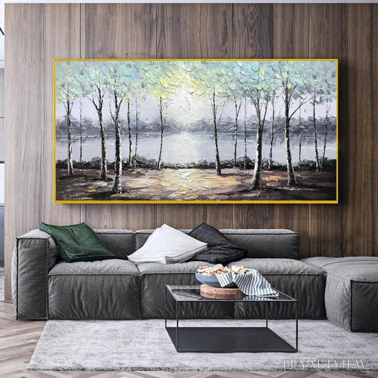 BUYARTVIEW Serene Waters – Panoramic Landscape Painting, Textured Trees and Lake - image 2