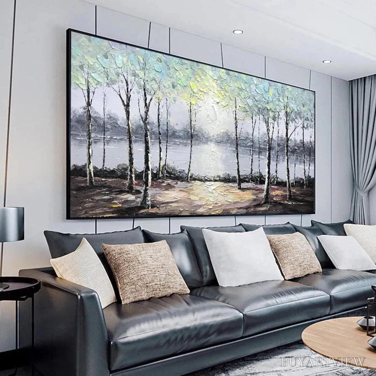 BUYARTVIEW Serene Waters – Panoramic Landscape Painting, Textured Trees and Lake - image 4