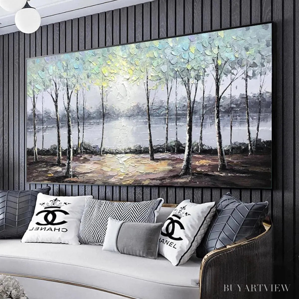 BUYARTVIEW Serene Waters – Panoramic Landscape Painting, Textured Trees and Lake - image 5