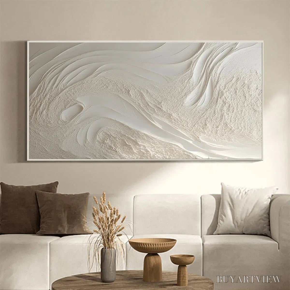 BUYARTVIEW White Sands – Textured Abstract Painting in Off-White, Panoramic Canvas, Minimalist - image 2
