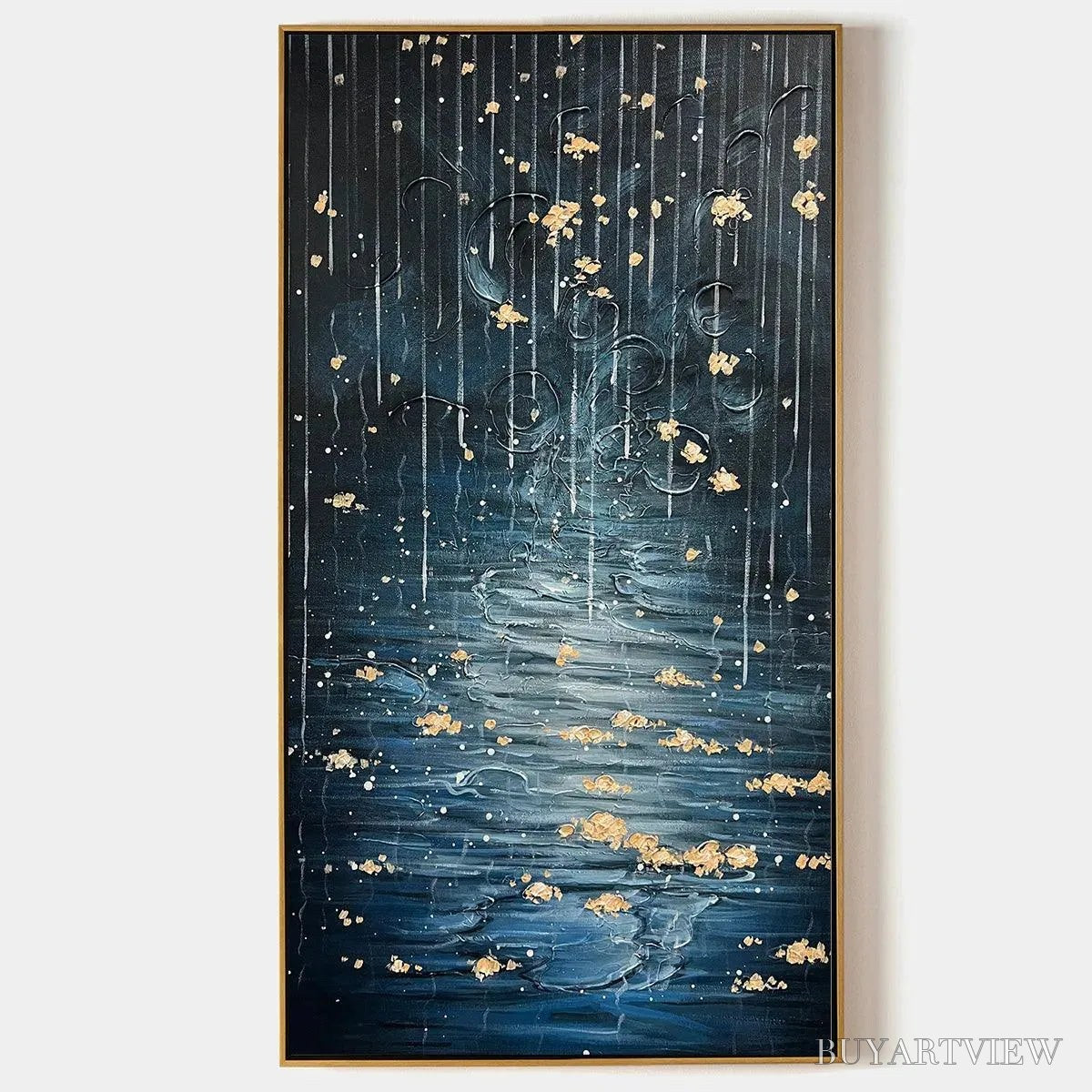 BUYARTVIEW Golden Falls – Abstract Waterfall Painting, Blue and Gold, Vertical Canvas, Modern - image 1