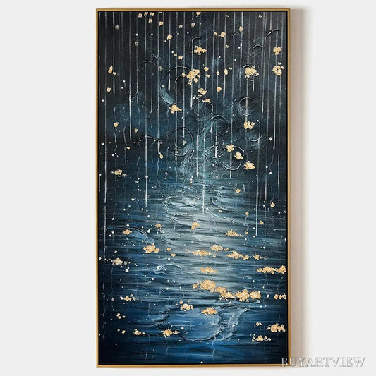 BUYARTVIEW Golden Falls – Abstract Waterfall Painting, Blue and Gold, Vertical Canvas, Modern - image 1