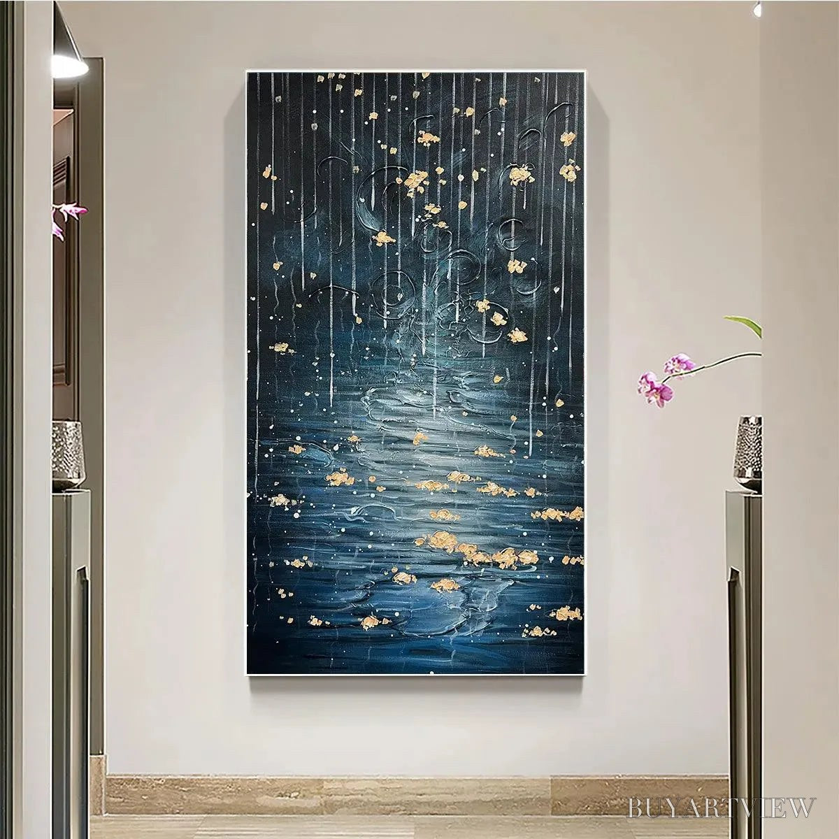 BUYARTVIEW Golden Falls – Abstract Waterfall Painting, Blue and Gold, Vertical Canvas, Modern - image 2