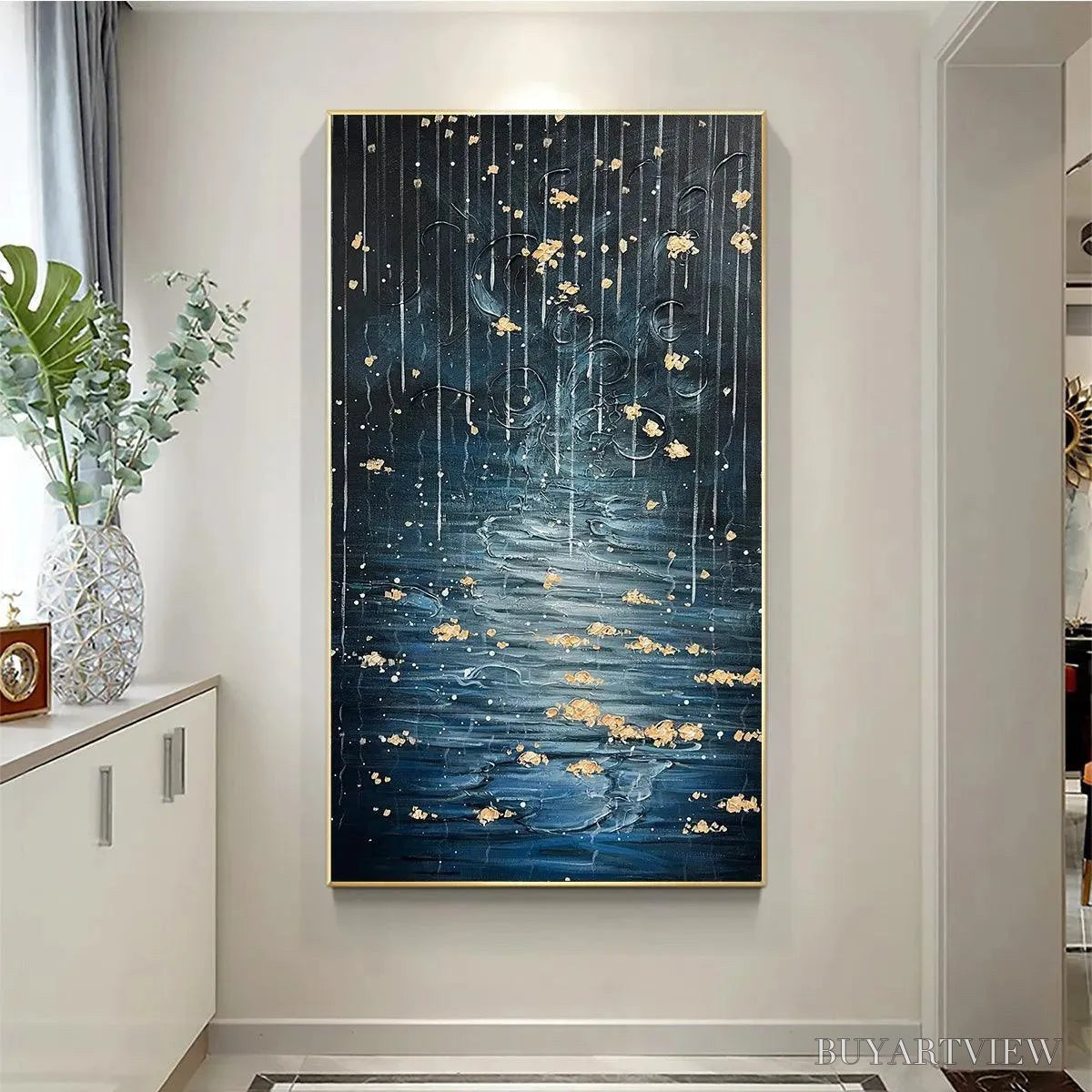 BUYARTVIEW Golden Falls – Abstract Waterfall Painting, Blue and Gold, Vertical Canvas, Modern - image 4
