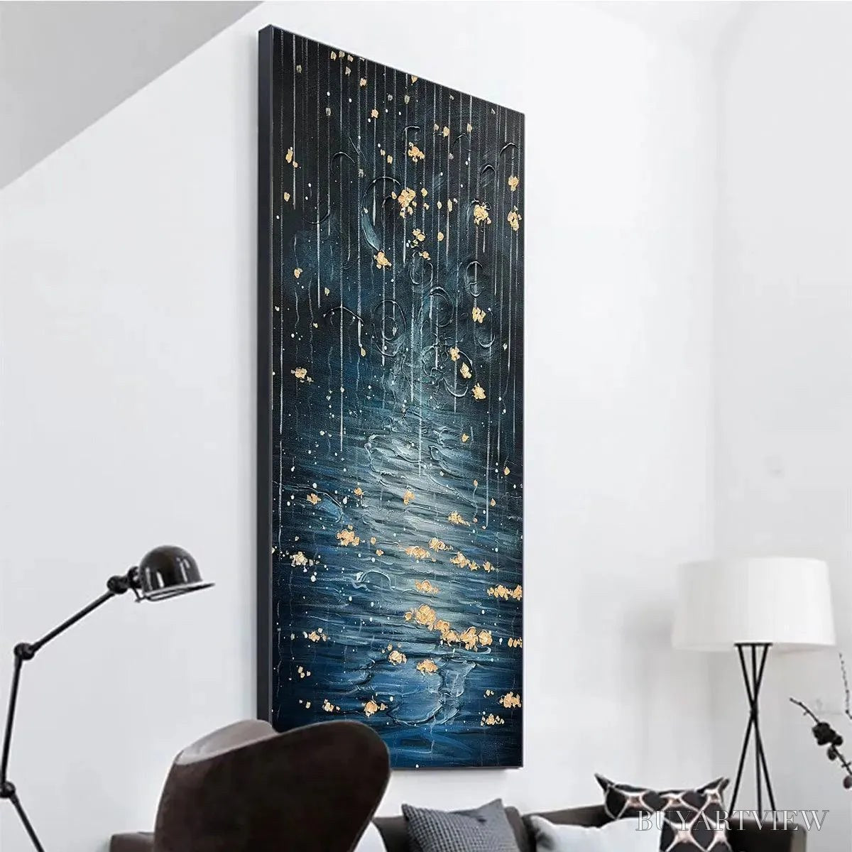 BUYARTVIEW Golden Falls – Abstract Waterfall Painting, Blue and Gold, Vertical Canvas, Modern - image 6