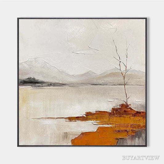 BUYARTVIEW Serene Waters – Minimalist Landscape Painting in White, Grey, and Orange, Square Canvas - image 1