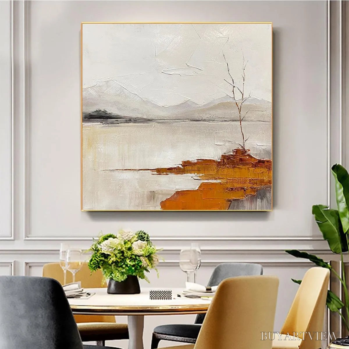 BUYARTVIEW Serene Waters – Minimalist Landscape Painting in White, Grey, and Orange, Square Canvas - image 4