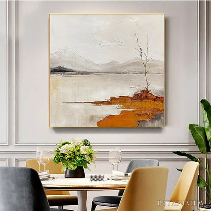 BUYARTVIEW Serene Waters – Minimalist Landscape Painting in White, Grey, and Orange, Square Canvas - image 4
