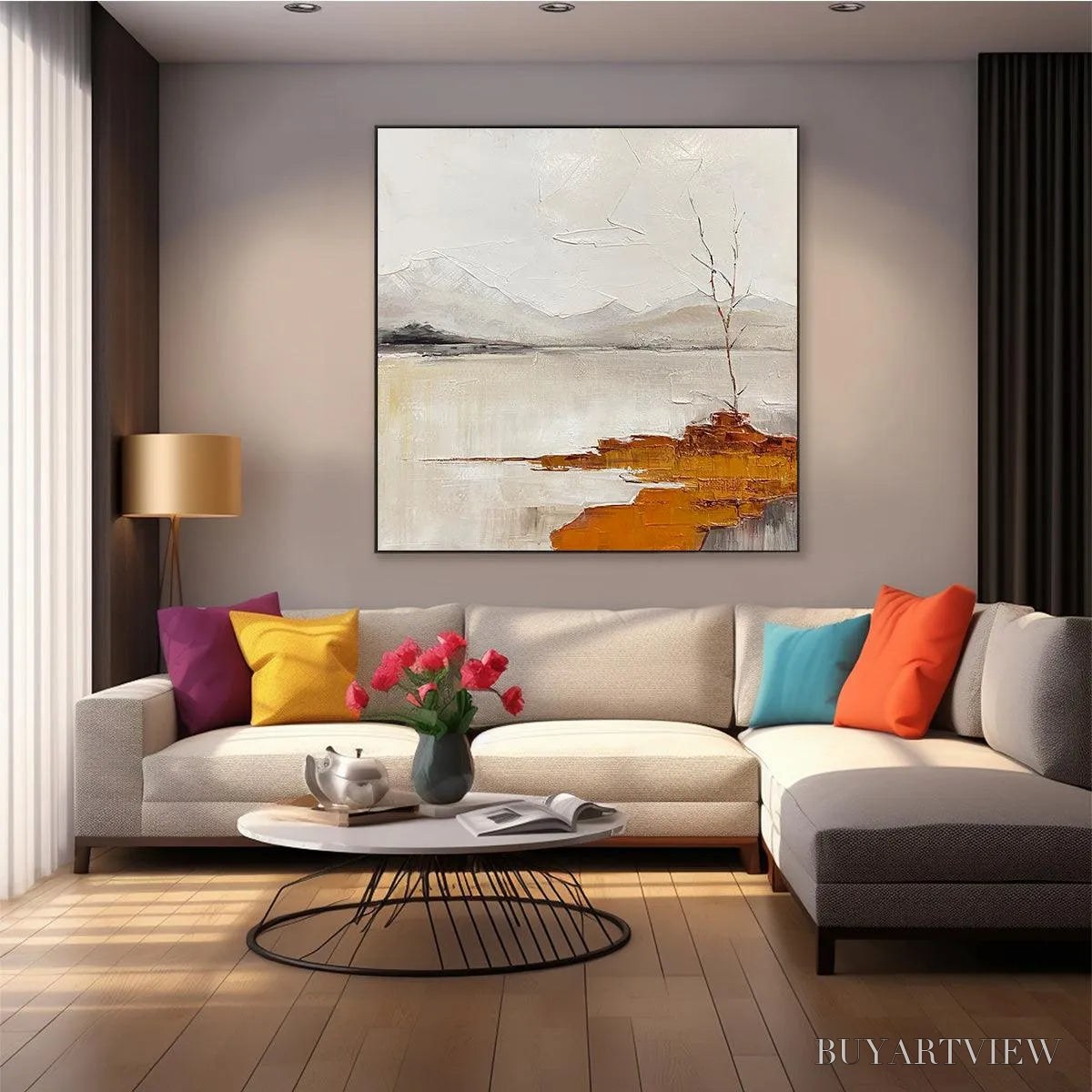 BUYARTVIEW Serene Waters – Minimalist Landscape Painting in White, Grey, and Orange, Square Canvas - image 5