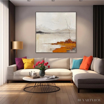BUYARTVIEW Serene Waters – Minimalist Landscape Painting in White, Grey, and Orange, Square Canvas - image 5