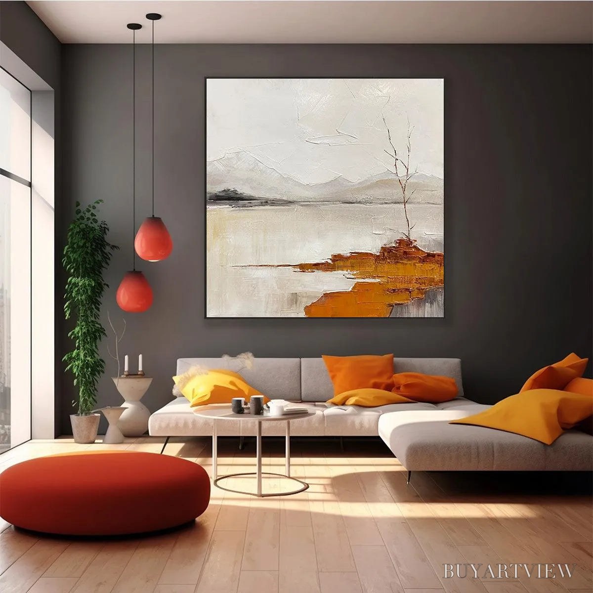 BUYARTVIEW Serene Waters – Minimalist Landscape Painting in White, Grey, and Orange, Square Canvas - image 6