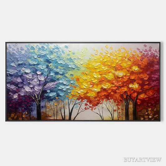 BUYARTVIEW Autumn Rainbow – Panoramic Tree Painting in Vibrant Colors, Textured Canvas, Modern - image 1