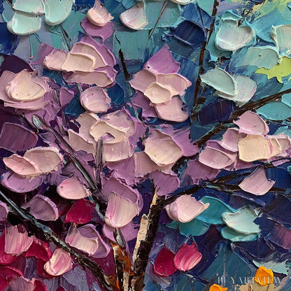 BUYARTVIEW Autumn Rainbow – Panoramic Tree Painting in Vibrant Colors, Textured Canvas, Modern - image 3