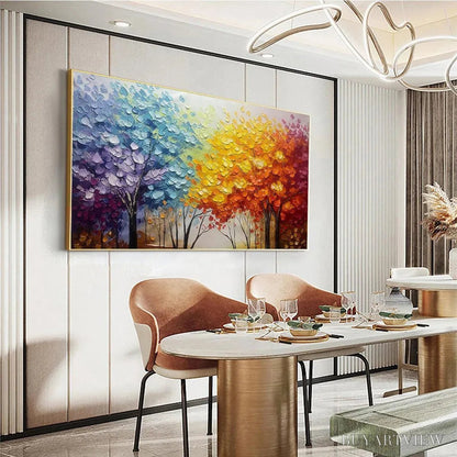 BUYARTVIEW Autumn Rainbow – Panoramic Tree Painting in Vibrant Colors, Textured Canvas, Modern - image 4