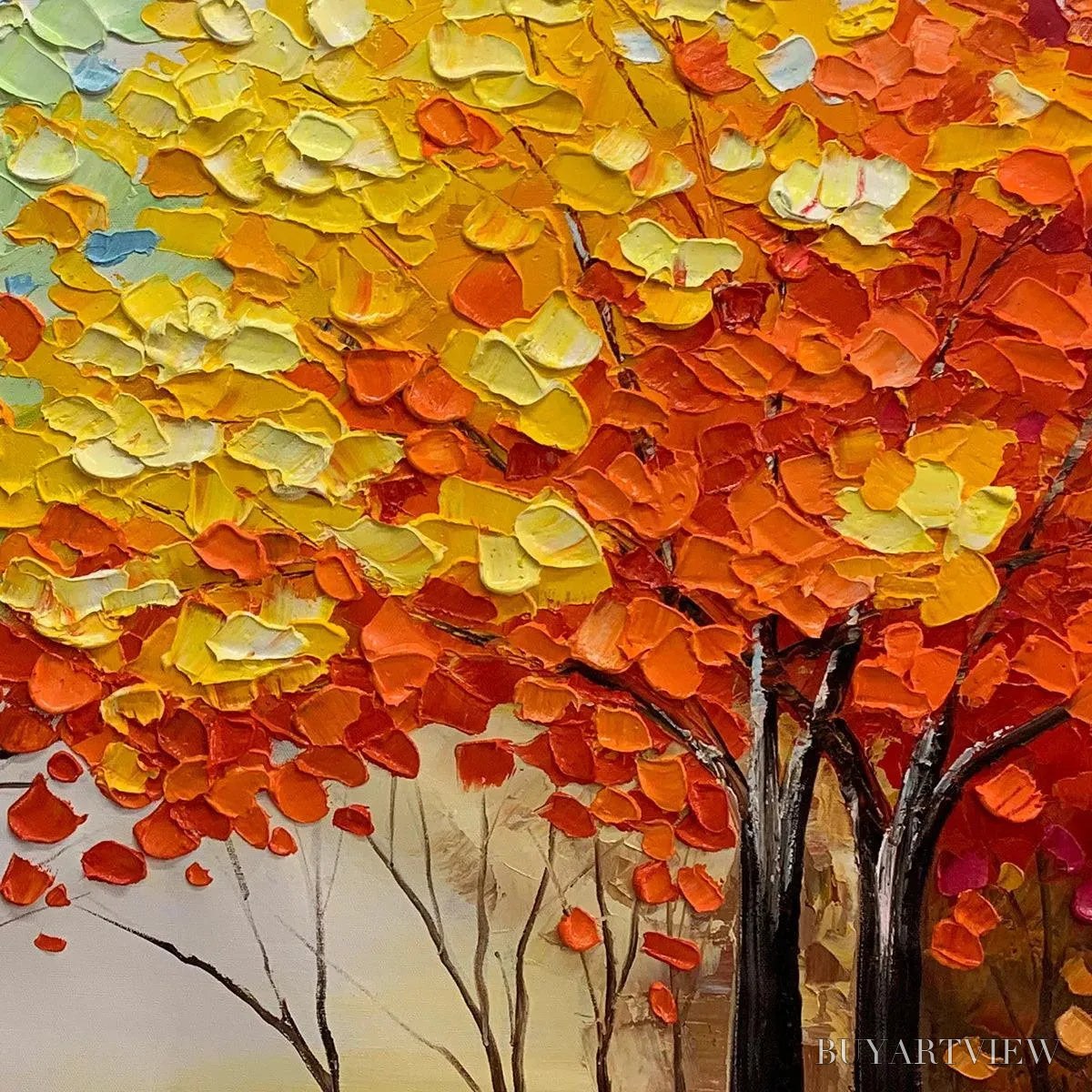 BUYARTVIEW Autumn Rainbow – Panoramic Tree Painting in Vibrant Colors, Textured Canvas, Modern - image 5
