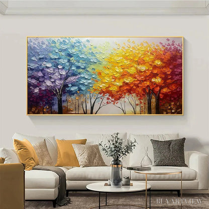 BUYARTVIEW Autumn Rainbow – Panoramic Tree Painting in Vibrant Colors, Textured Canvas, Modern - image 6
