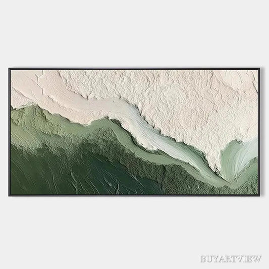 BUYARTVIEW Emerald Flow – Textured Abstract Landscape Painting, Green and White , Panoramic Canvas, Nature-Inspired Decor - image 1