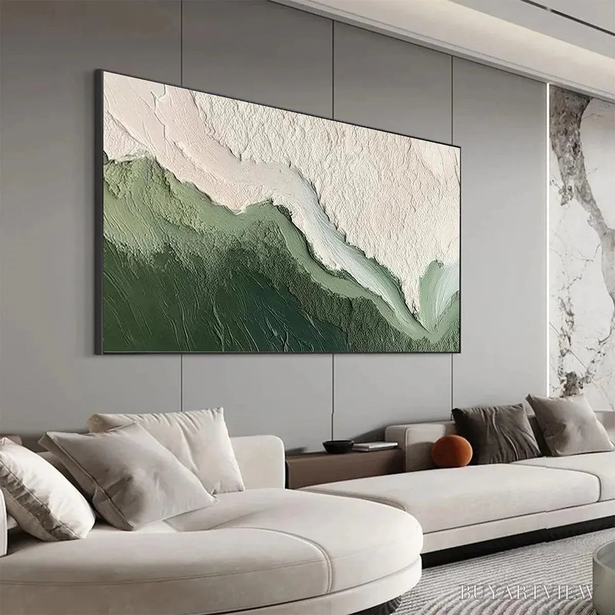 BUYARTVIEW Emerald Flow – Textured Abstract Landscape Painting, Green and White , Panoramic Canvas, Nature-Inspired Decor - image 4